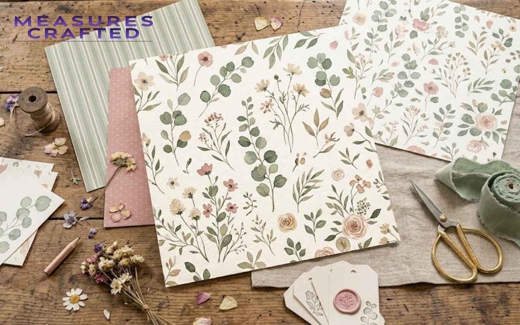 A square 30 cm botanical paper sheet among scraps, dried flowers, and scissors on a wood table.