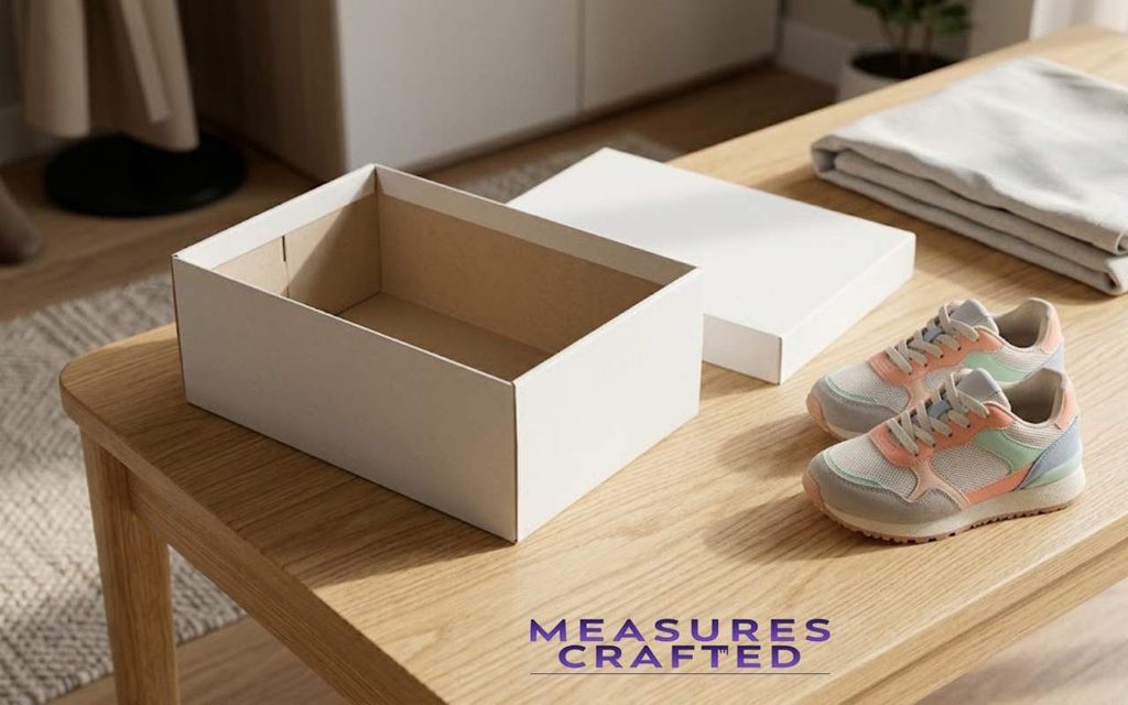 An open matte-white shoebox and its lid sit on an oak bench with colorful children's sneakers.
