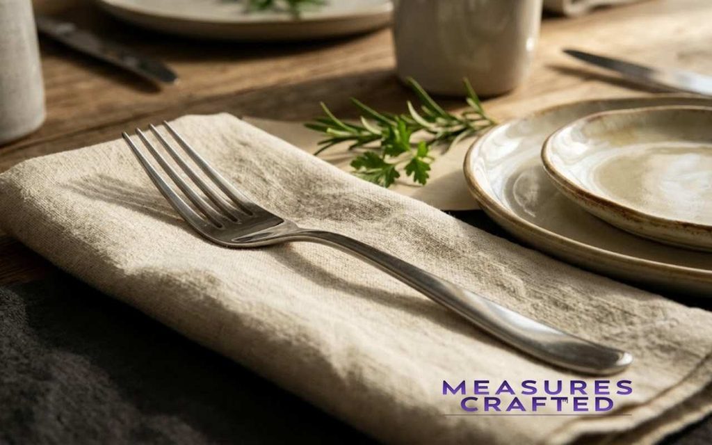 A stainless steel fork diagonally placed on folded ivory linen beside a ceramic dinner plate.