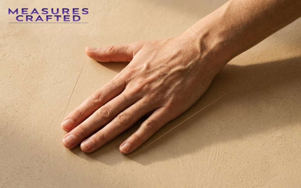 An adult hand stretched naturally to its maximum span on a warm sand-colored surface under sunlight.