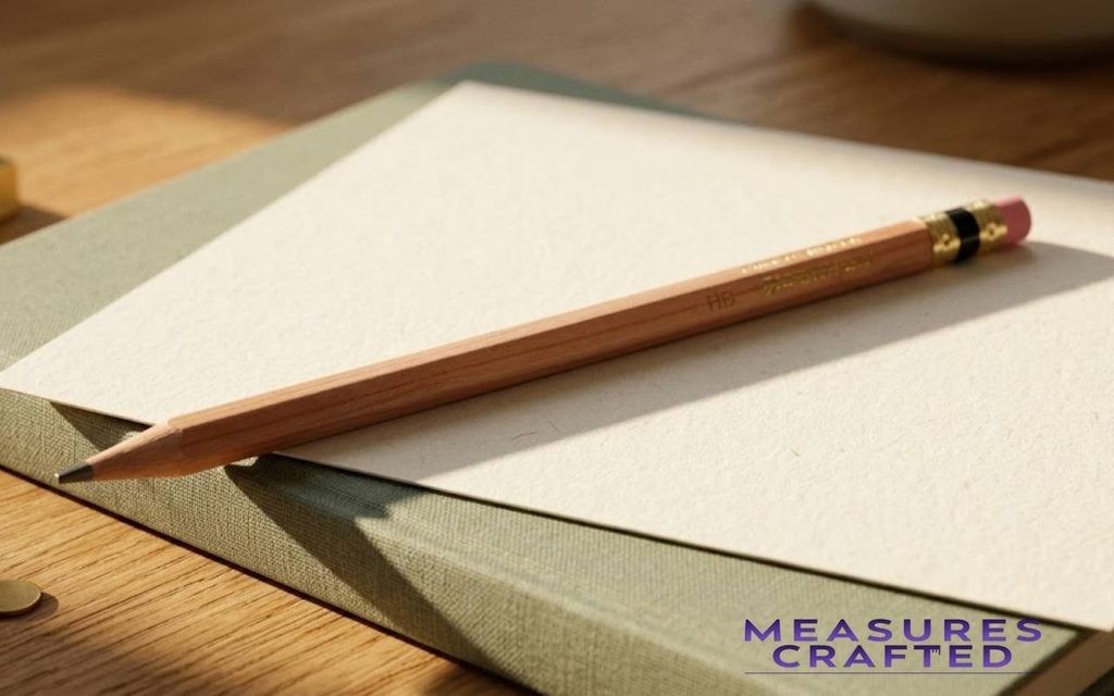 An unsharpened wooden HB pencil on textured ivory paper over a sage-green notebook under sunlight.