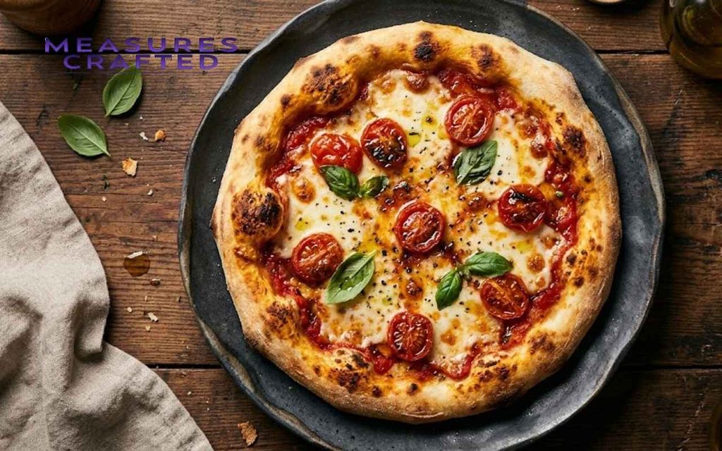 An overhead view of a personal pizza with tomatoes and basil on a dark ceramic plate.