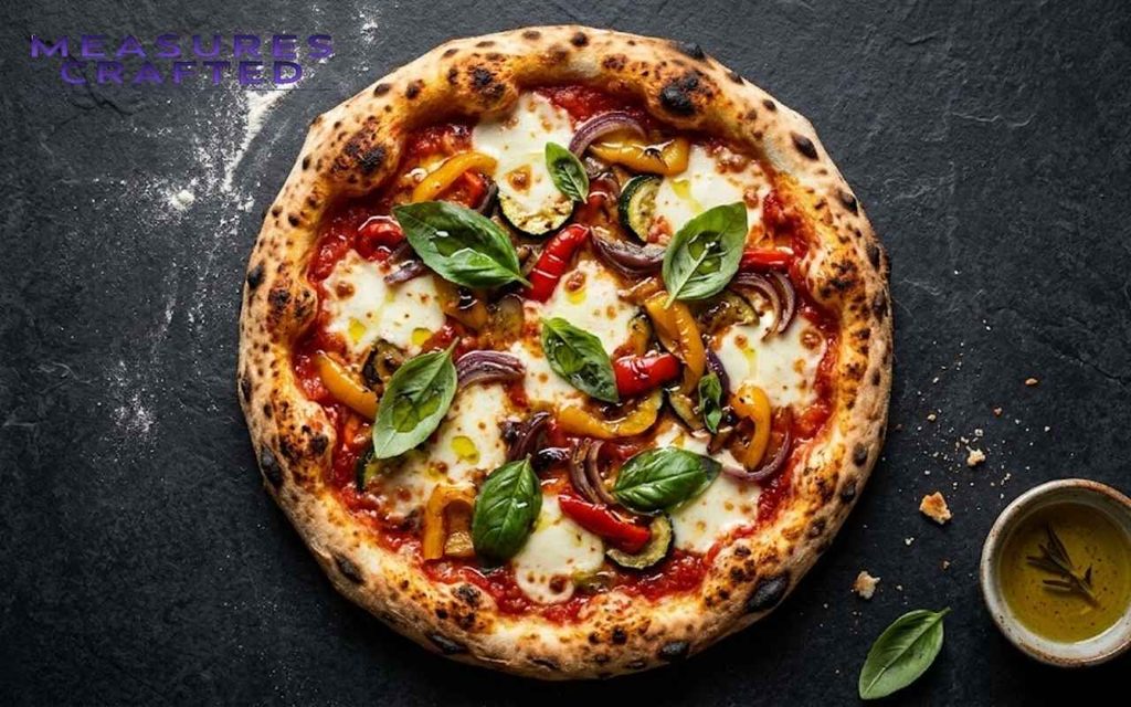 A round, 30 cm Neapolitan pizza with blistered crust, melted cheese, and veggies on dark stone.