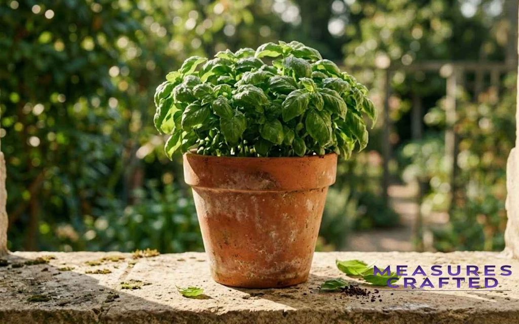 A 20 cm terracotta pot filled with lush basil on a sunlit stone windowsill with a blurred garden.