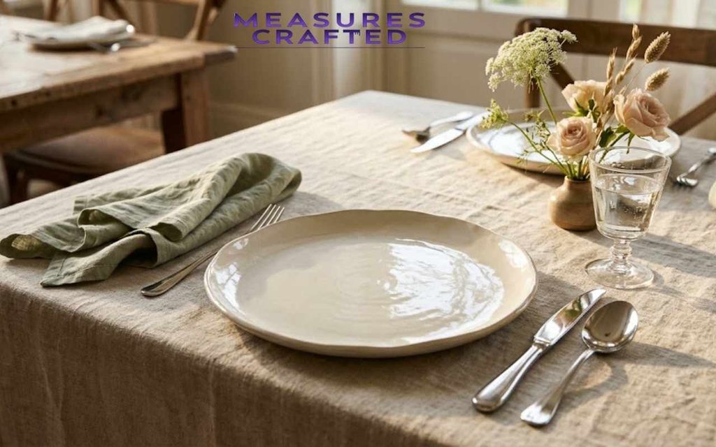 A 30 cm ivory ceramic dinner plate on an oatmeal linen tablecloth, with cutlery and a napkin.