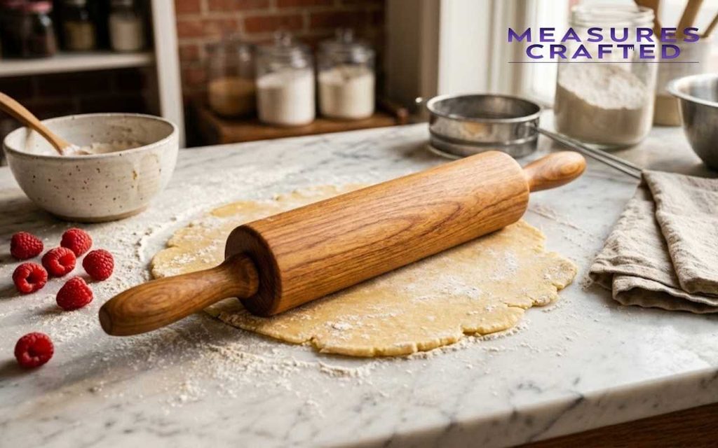 Wooden rolling pin on a flour-dusted marble counter with pastry dough and fresh raspberries.