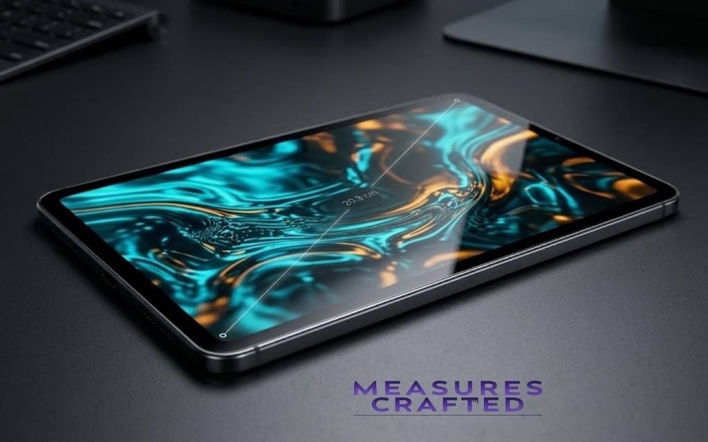 An 8-inch tablet on a dark desk with a 20.3 cm diagonal guide across a turquoise and amber screen.