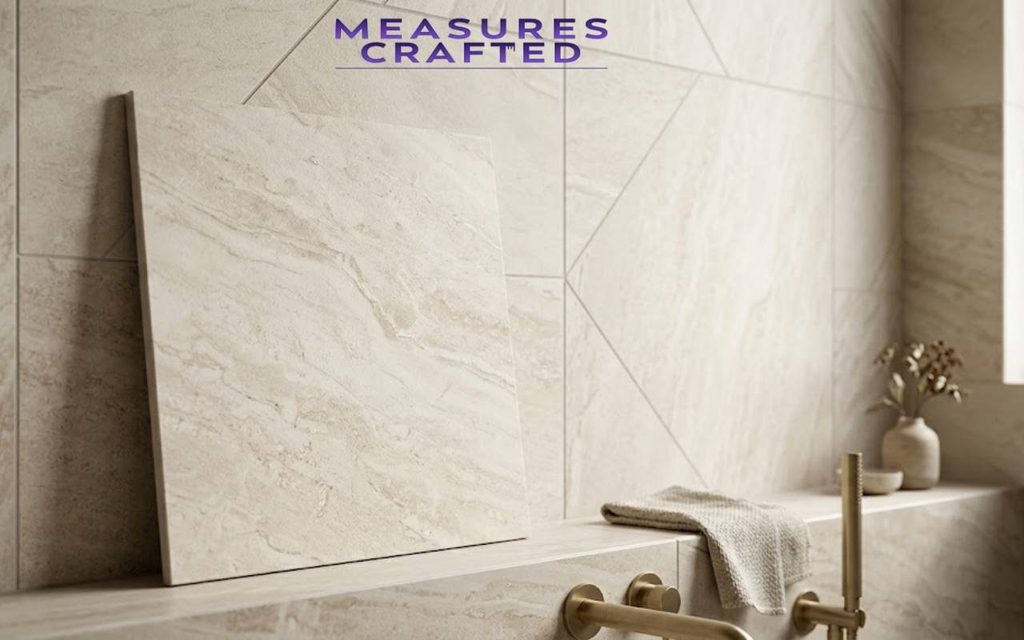 A square 30 cm travertine-style porcelain tile propped in a contemporary bathroom.